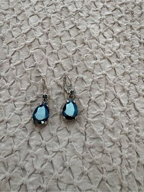 OTAZU Silver Drop Earrings with Deep Blue Teardrop Crystals